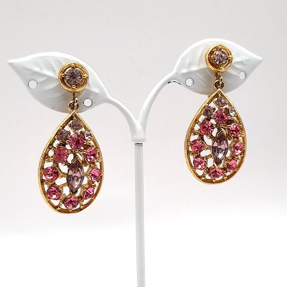 Vintage Pink & Lavender Rhinestone Dangle Clip Earrings - Picture 2 of 8